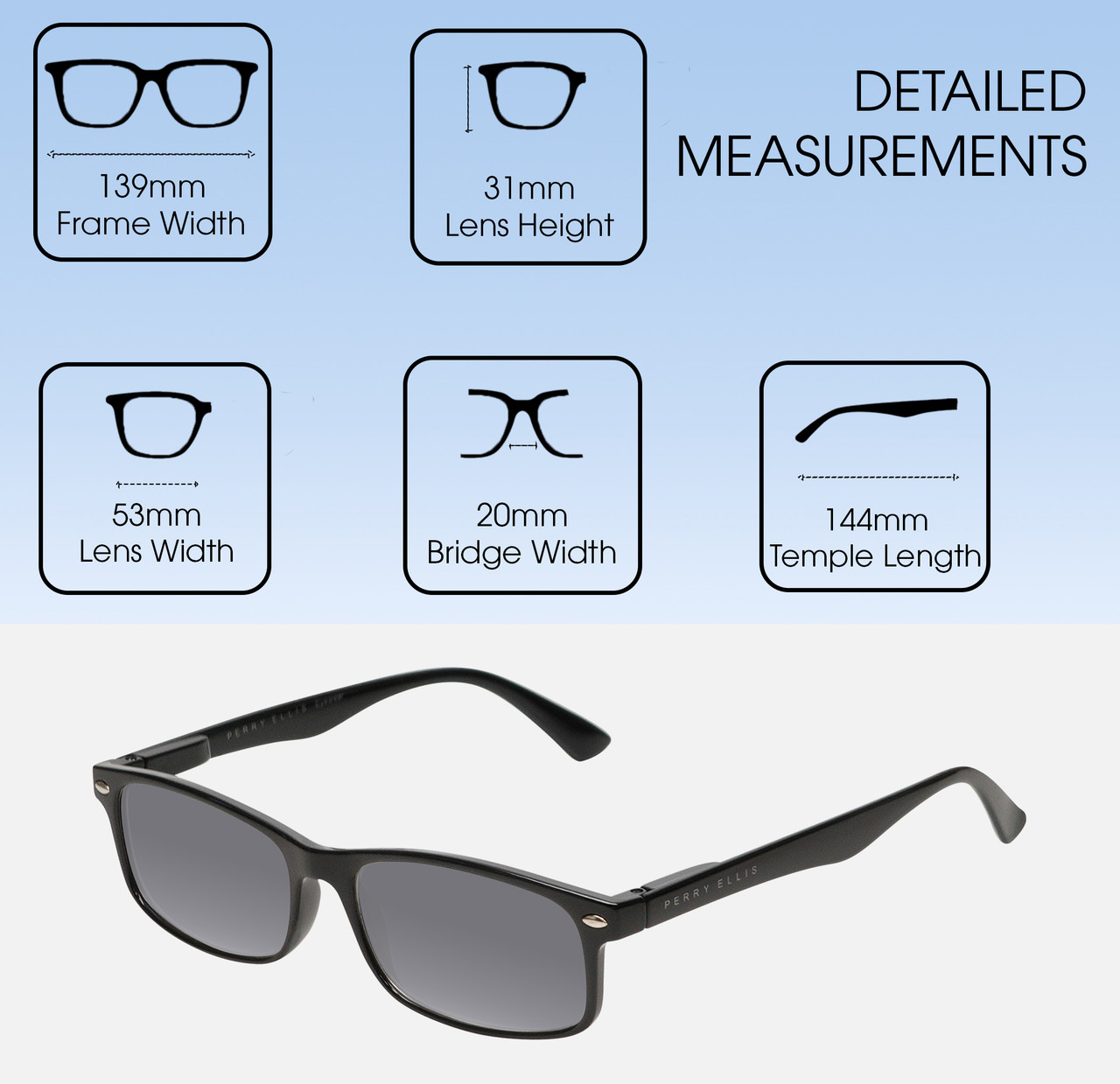 Dimensions and Measurements Illustration of Perry Ellis PEBX54 Designer Polarized Sunglasses with Custom Cut Smoke Grey Lenses in Gloss Black Marble Unisex Rectangular Full Rim Acetate 53 mm
