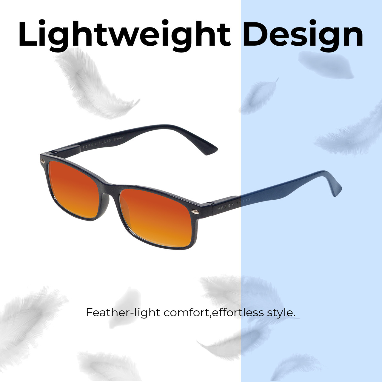 Lightweight Construction Illustration of Perry Ellis PEBX54 Designer Polarized Sunglasses with Custom Cut Red Mirror Lenses in Gloss Navy Blue Marble Unisex Rectangular Full Rim Acetate 53 mm