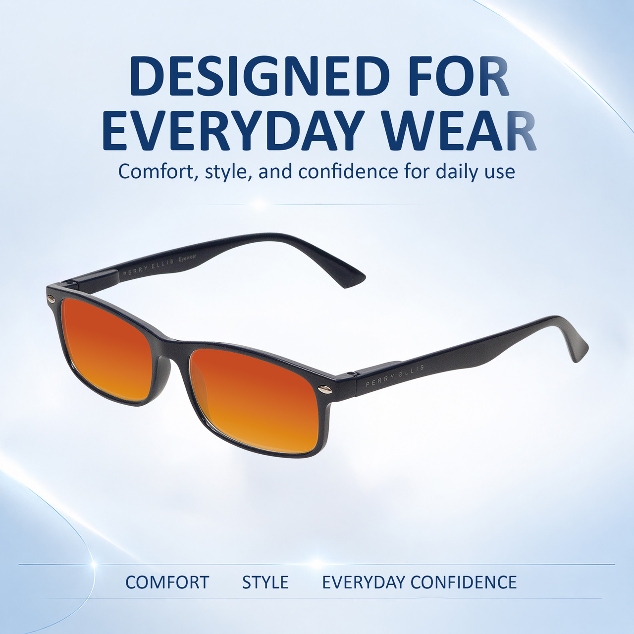 Comfort, Stylish, Everyday Confidence Illustration of Perry Ellis PEBX54 Designer Polarized Sunglasses with Custom Cut Red Mirror Lenses in Gloss Navy Blue Marble Unisex Rectangular Full Rim Acetate 53 mm