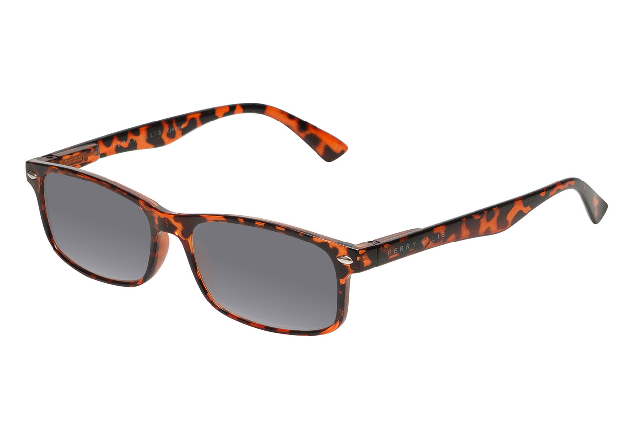 Profile View of Perry Ellis PEBX54 Designer Polarized Sunglasses with Custom Cut Smoke Grey Lenses in Gloss Tortoise Havana Marble Unisex Rectangular Full Rim Acetate 53 mm