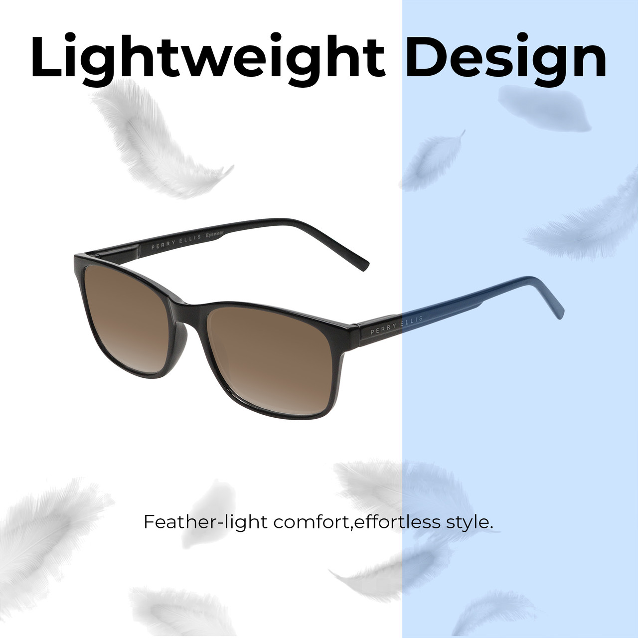 Lightweight Construction Illustration of Perry Ellis PEBX55 Designer Polarized Sunglasses with Custom Cut Amber Brown Lenses in Gloss Black Marble Unisex Square Full Rim Acetate 52 mm