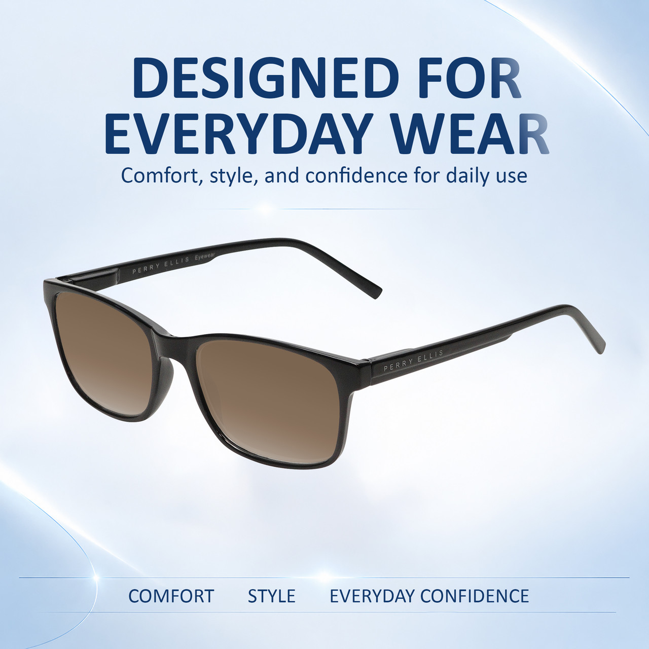Comfort, Stylish, Everyday Confidence Illustration of Perry Ellis PEBX55 Designer Polarized Sunglasses with Custom Cut Amber Brown Lenses in Gloss Black Marble Unisex Square Full Rim Acetate 52 mm