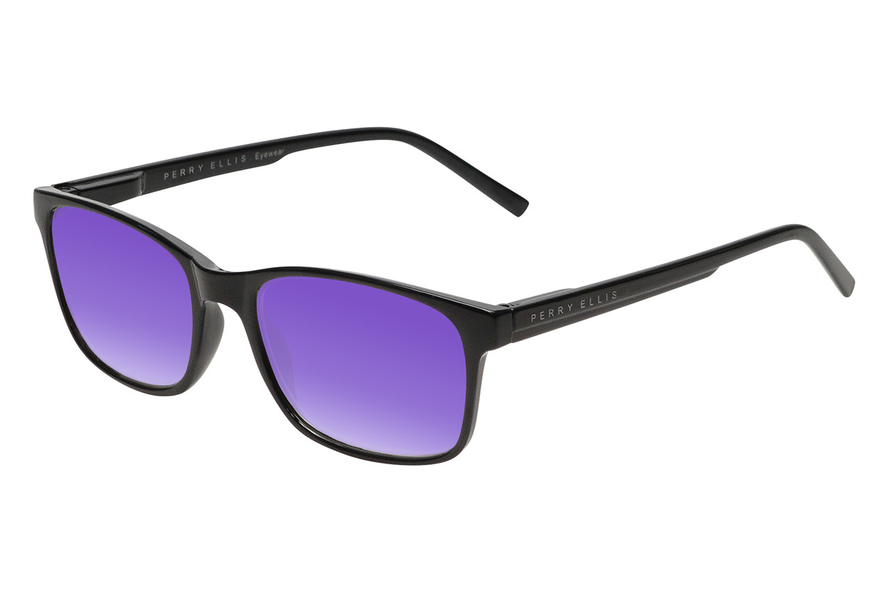 Perry Ellis PEBX55 Unisex Square Designer Polarized Sunglasses in Gloss Black Marble 52mm CHOOSE LENS COLOR with Custom Cut Purple Mirror Lenses