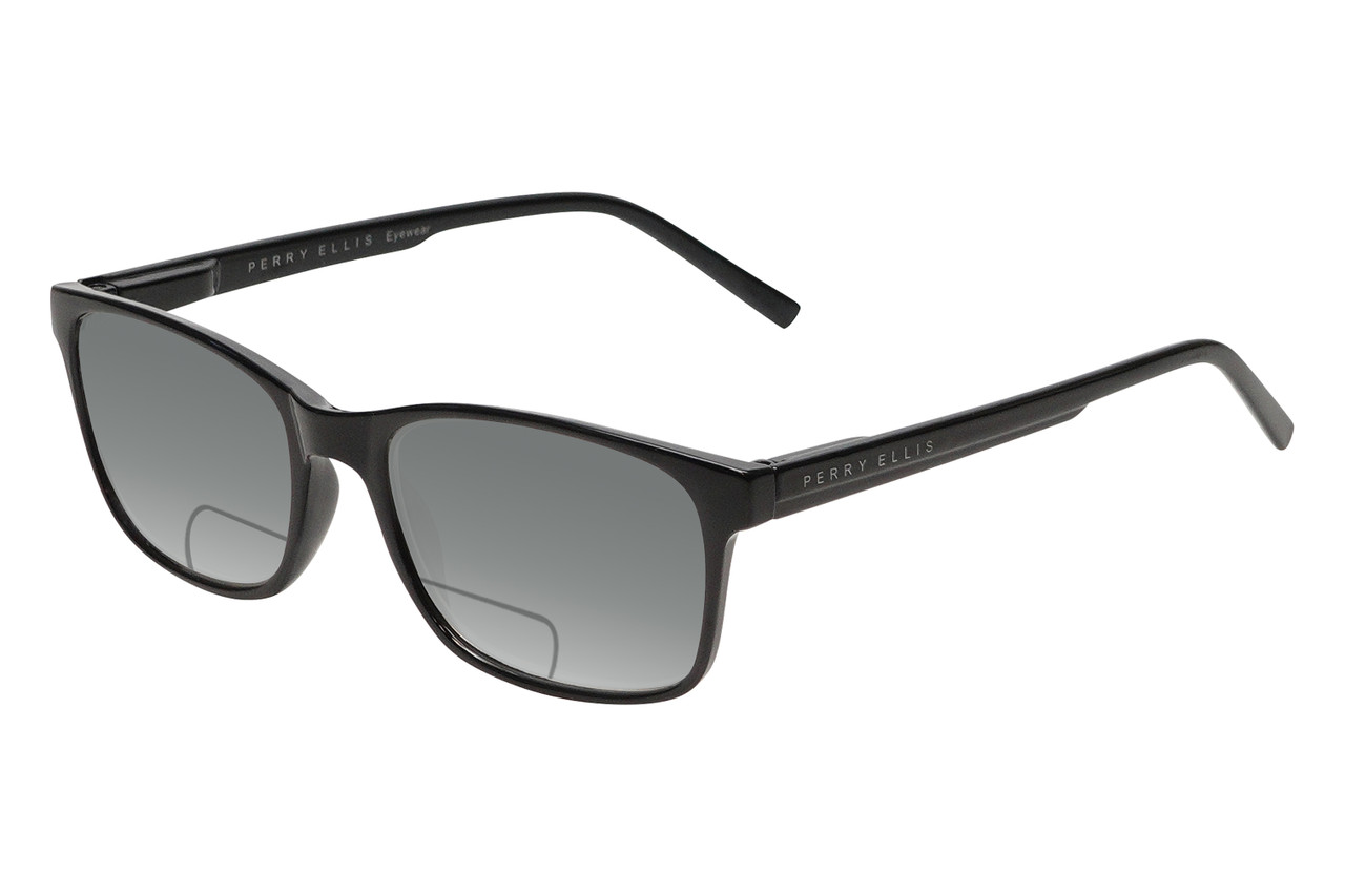 Profile View of Perry Ellis PEBX55 Designer Polarized Reading Sunglasses with Custom Cut Powered Smoke Grey Lenses in Gloss Black Marble Unisex Square Full Rim Acetate 52 mm
