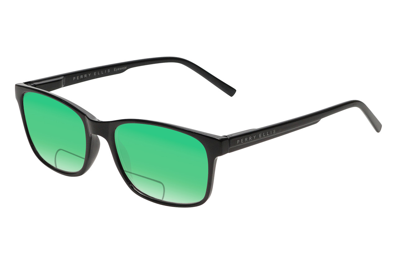 Profile View of Perry Ellis PEBX55 Designer Polarized Reading Sunglasses with Custom Cut Powered Green Mirror Lenses in Gloss Black Marble Unisex Square Full Rim Acetate 52 mm
