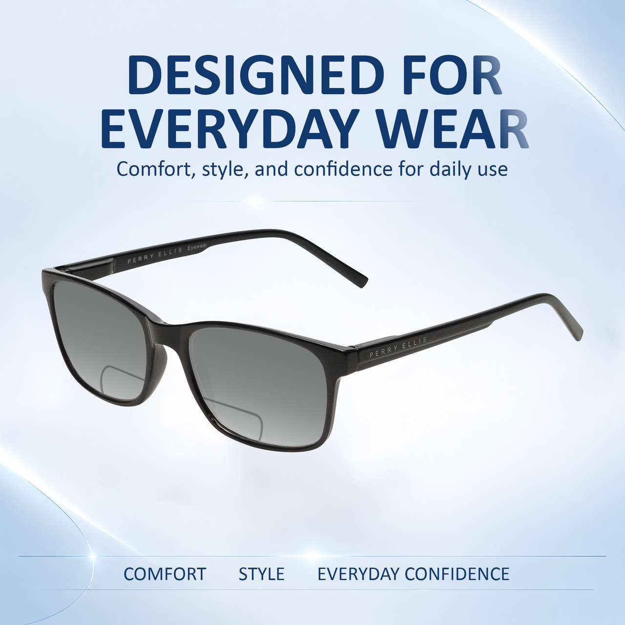 Comfort, Stylish, Everyday Confidence Illustration of Perry Ellis PEBX55 Designer Polarized Reading Sunglasses with Custom Cut Powered Smoke Grey Lenses in Gloss Black Marble Unisex Square Full Rim Acetate 52 mm