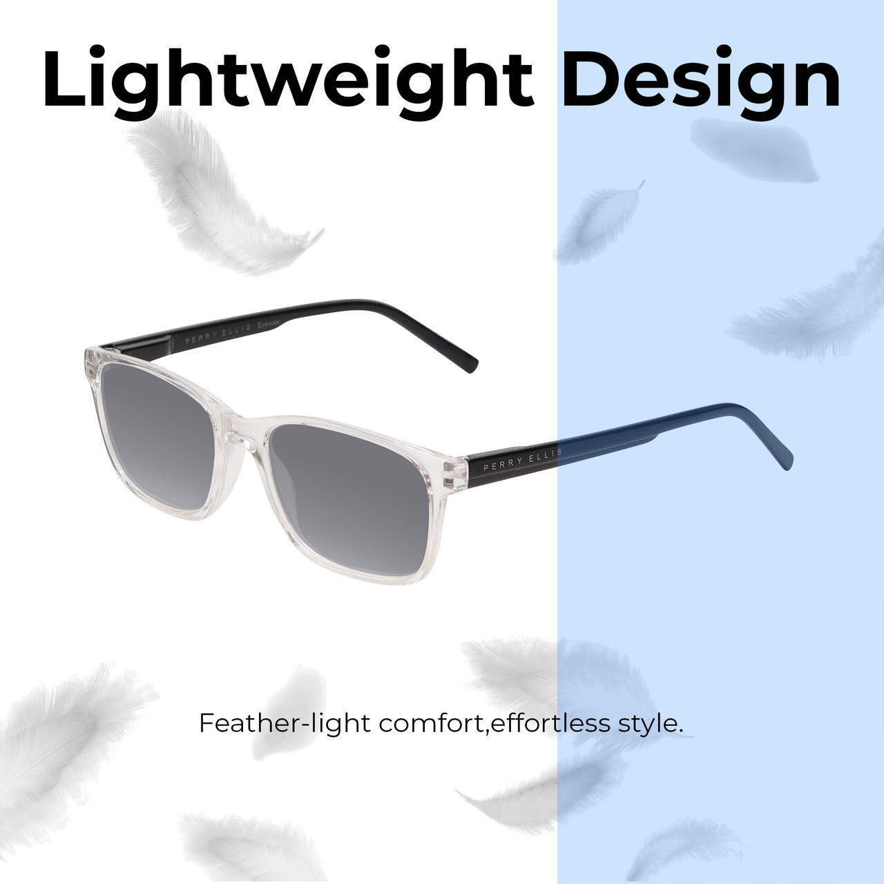 Lightweight Construction Illustration of Perry Ellis PEBX55 Designer Polarized Sunglasses with Custom Cut Smoke Grey Lenses in Gloss Crystal Clear Marble Unisex Square Full Rim Acetate 52 mm