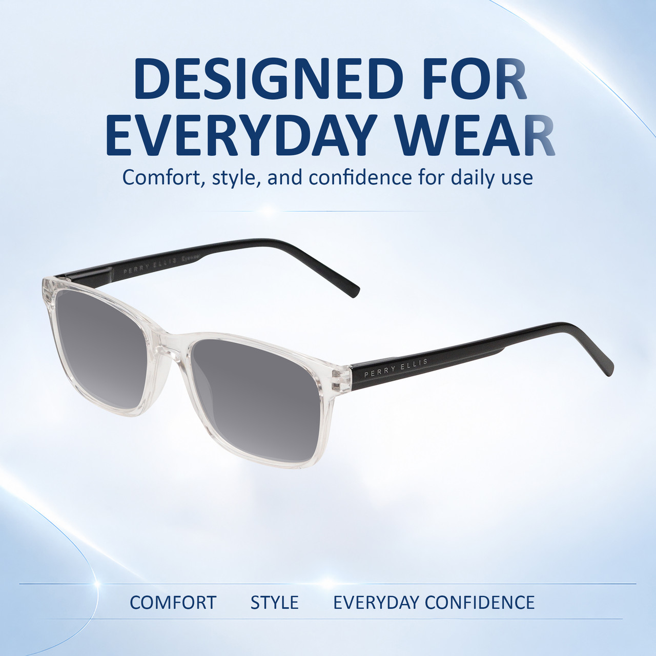 Comfort, Stylish, Everyday Confidence Illustration of Perry Ellis PEBX55 Designer Polarized Sunglasses with Custom Cut Smoke Grey Lenses in Gloss Crystal Clear Marble Unisex Square Full Rim Acetate 52 mm