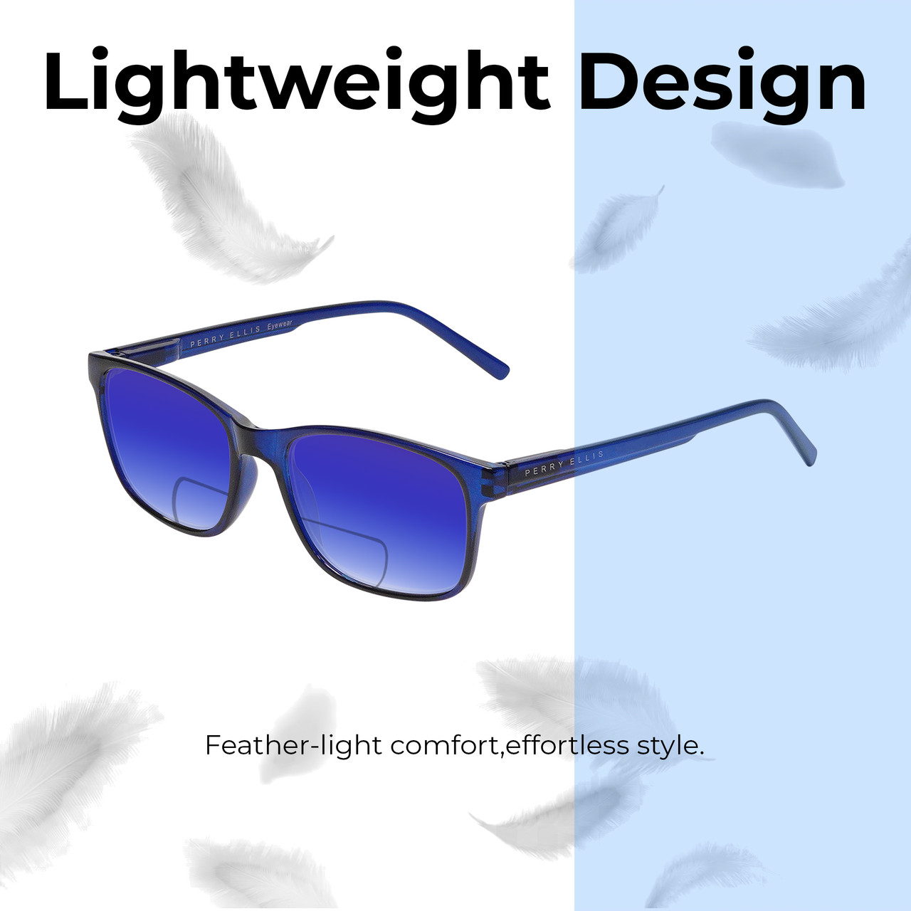 Lightweight Construction Illustration of Perry Ellis PEBX55 Designer Polarized Reading Sunglasses with Custom Cut Powered Blue Mirror Lenses in Gloss Navy Blue Marble Unisex Square Full Rim Acetate 52 mm