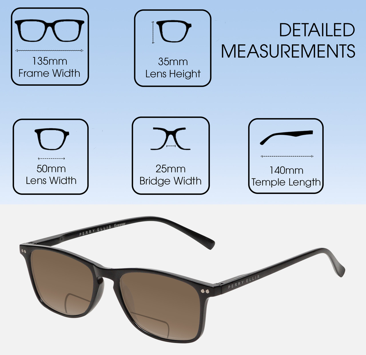 Dimensions and Measurements Illustration of Perry Ellis PEBX57 Designer Polarized Reading Sunglasses with Custom Cut Powered Amber Brown Lenses in Gloss Black Marble Unisex Panthos Full Rim Acetate 50 mm