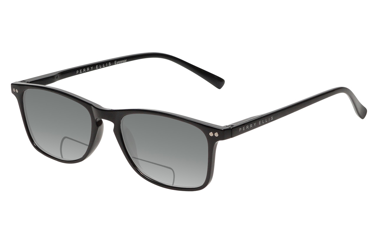 Profile View of Perry Ellis PEBX57 Designer Polarized Reading Sunglasses with Custom Cut Powered Smoke Grey Lenses in Gloss Black Marble Unisex Panthos Full Rim Acetate 50 mm