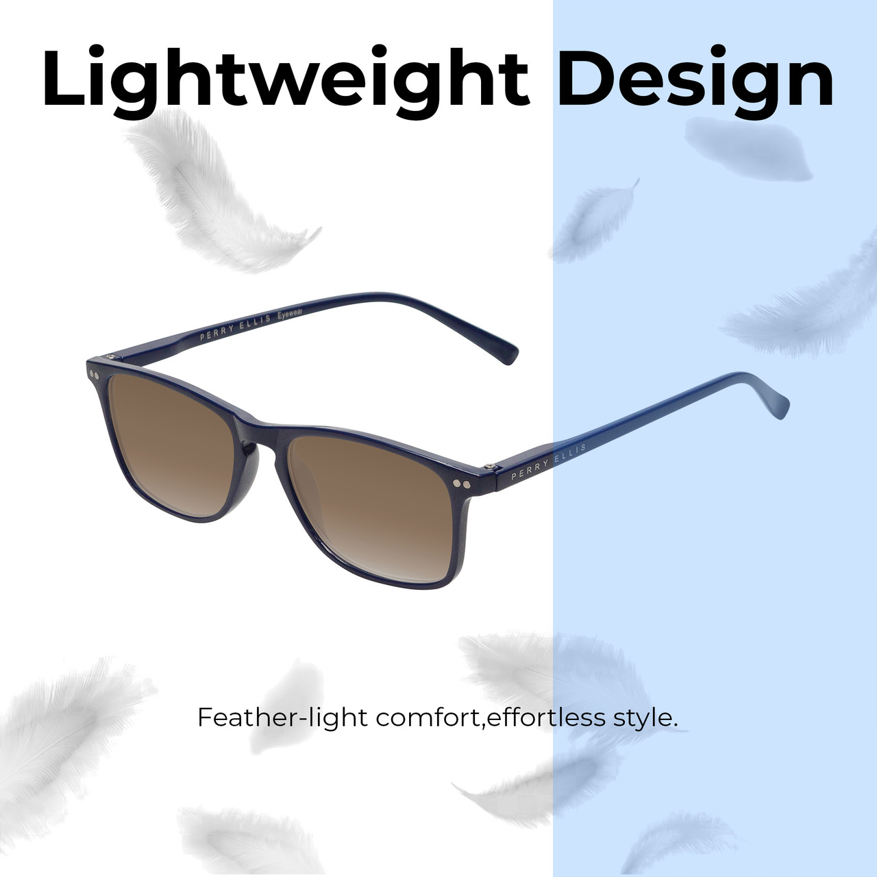 Lightweight Construction Illustration of Perry Ellis PEBX57 Designer Polarized Sunglasses with Custom Cut Amber Brown Lenses in Gloss Navy Blue Marble Unisex Panthos Full Rim Acetate 50 mm