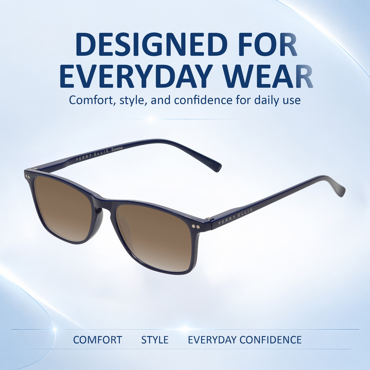 Comfort, Stylish, Everyday Confidence Illustration of Perry Ellis PEBX57 Designer Polarized Sunglasses with Custom Cut Amber Brown Lenses in Gloss Navy Blue Marble Unisex Panthos Full Rim Acetate 50 mm