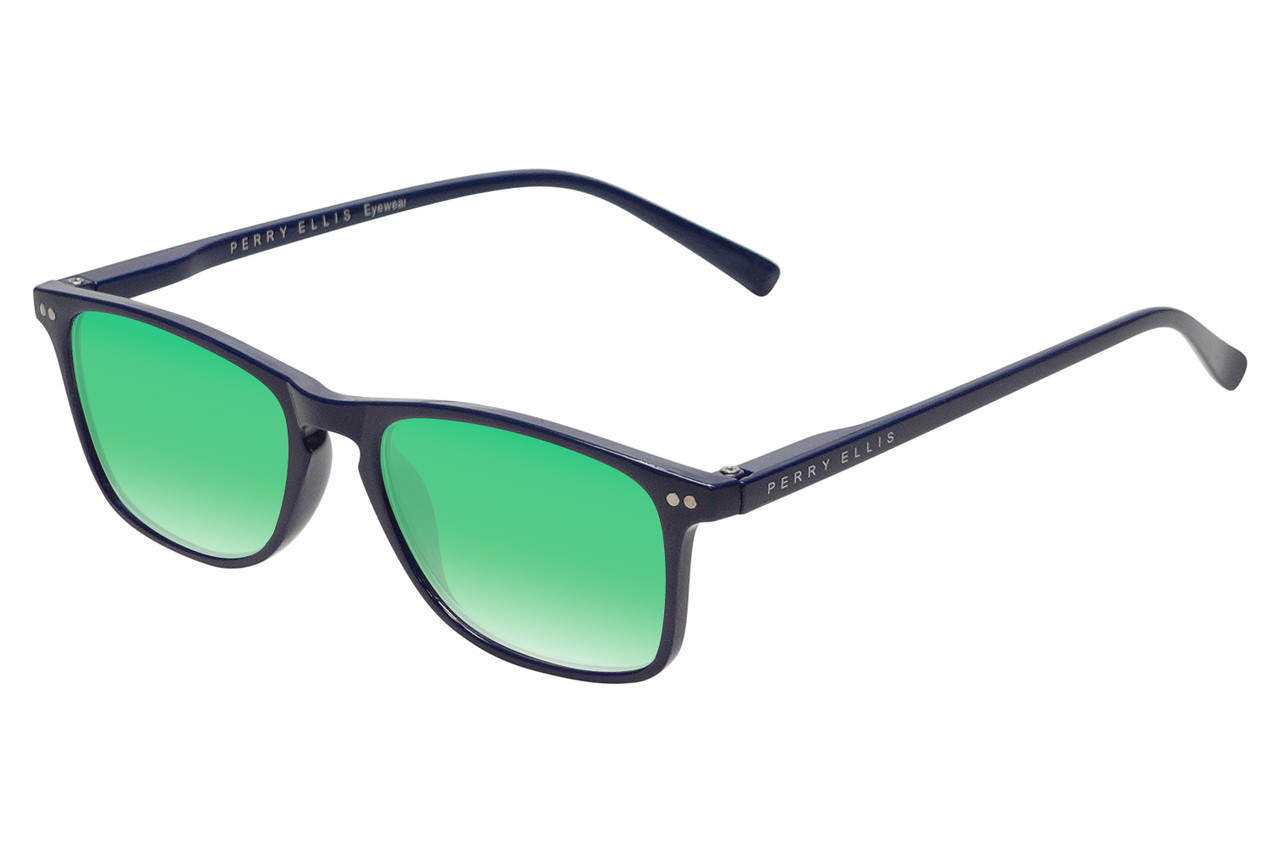 Perry Ellis PEBX57 Unisex Panthos Designer Polarized Sunglasses in Gloss Navy Blue Marble 50mm CHOOSE LENS COLOR with Custom Cut Green Mirror Lenses