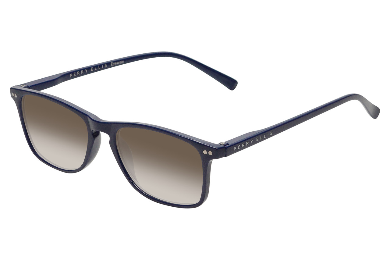 Perry Ellis PEBX57 Unisex Panthos Designer NON-polarized Sunglasses in Gloss Navy Blue Marble 50mm CHOOSE LENS COLOR with Custom Cut Brown Gradient Lenses