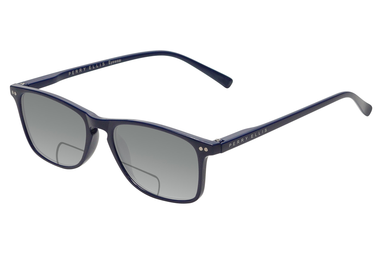 Profile View of Perry Ellis PEBX57 Designer Polarized Reading Sunglasses with Custom Cut Powered Smoke Grey Lenses in Gloss Navy Blue Marble Unisex Panthos Full Rim Acetate 50 mm