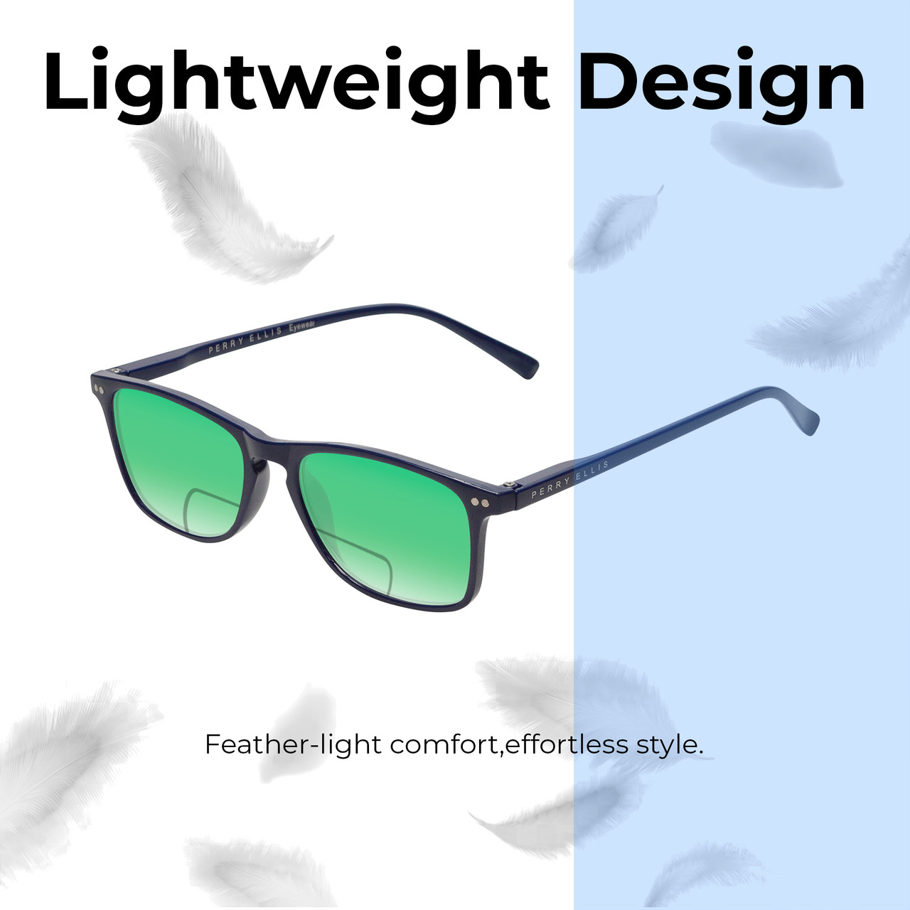 Lightweight Construction Illustration of Perry Ellis PEBX57 Designer Polarized Reading Sunglasses with Custom Cut Powered Green Mirror Lenses in Gloss Navy Blue Marble Unisex Panthos Full Rim Acetate 50 mm