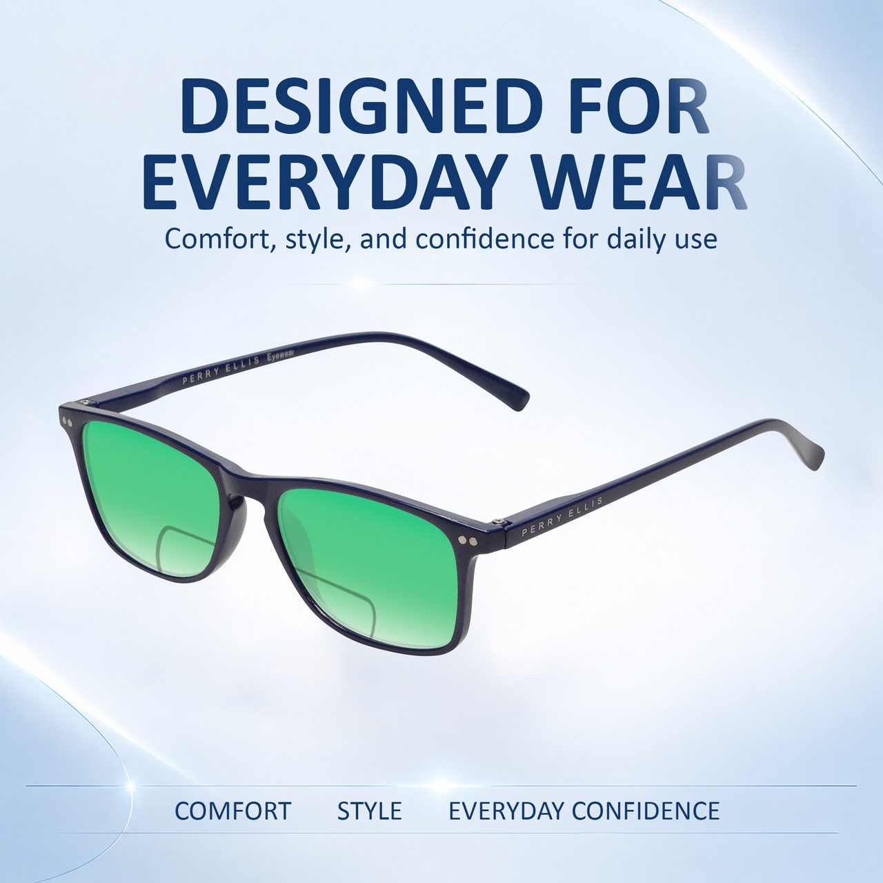 Comfort, Stylish, Everyday Confidence Illustration of Perry Ellis PEBX57 Designer Polarized Reading Sunglasses with Custom Cut Powered Green Mirror Lenses in Gloss Navy Blue Marble Unisex Panthos Full Rim Acetate 50 mm