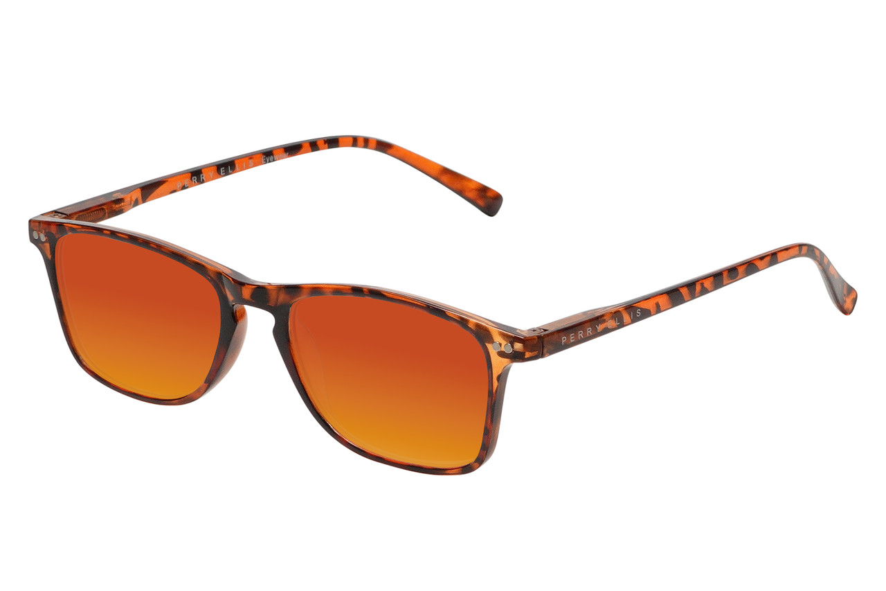 Profile View of Perry Ellis PEBX57 Designer Polarized Sunglasses with Custom Cut Red Mirror Lenses in Gloss Tortoise Havana Marble Unisex Panthos Full Rim Acetate 50 mm