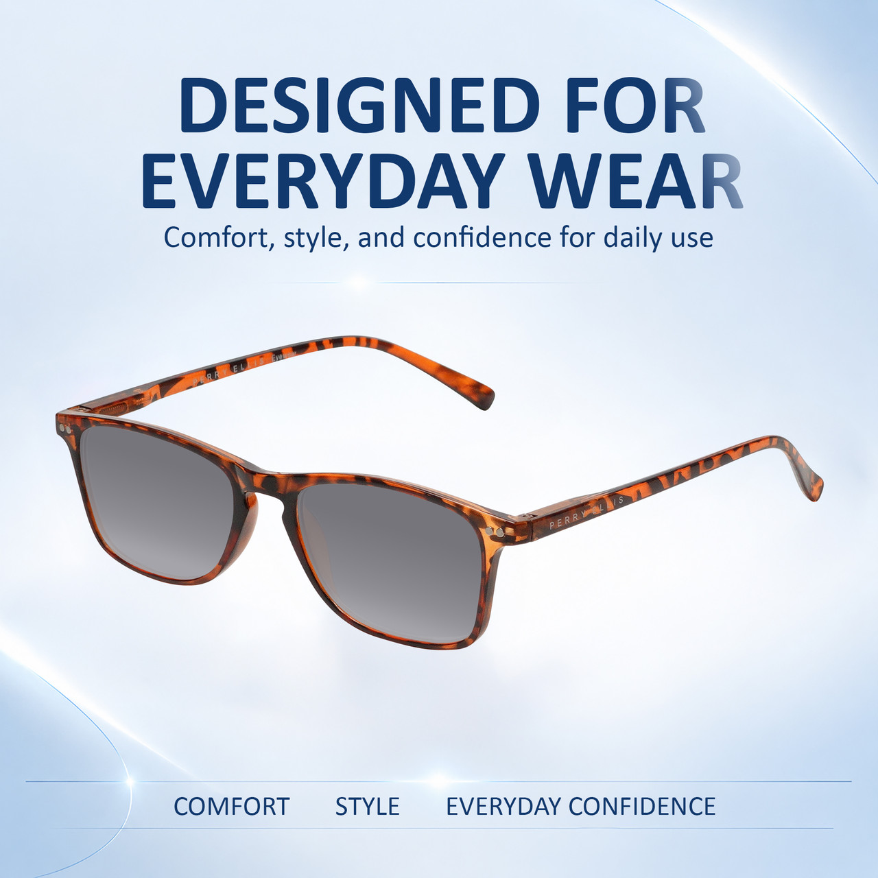 Comfort, Stylish, Everyday Confidence Illustration of Perry Ellis PEBX57 Designer Polarized Sunglasses with Custom Cut Smoke Grey Lenses in Gloss Tortoise Havana Marble Unisex Panthos Full Rim Acetate 50 mm