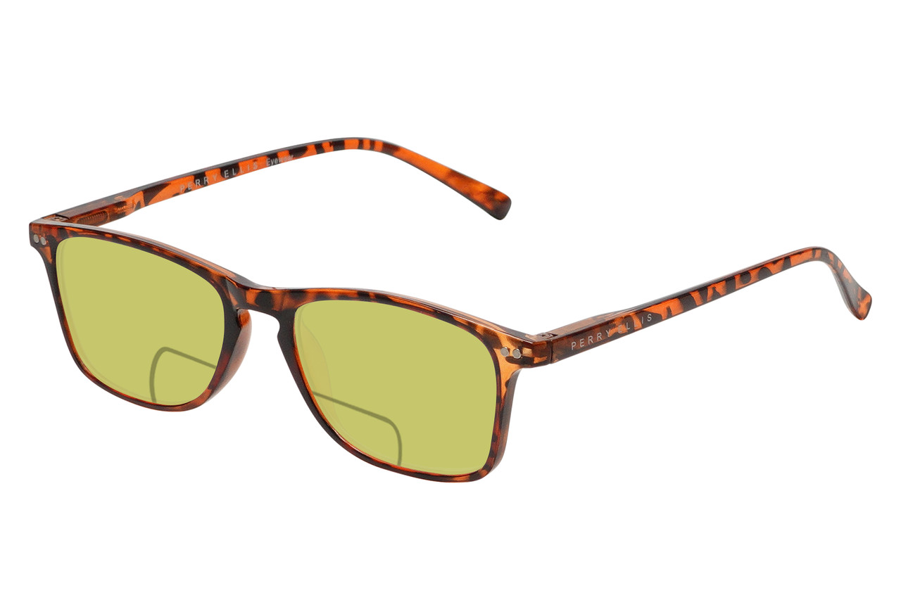 Profile View of Perry Ellis PEBX57 Designer Polarized Reading Sunglasses with Custom Cut Powered Sun Flower Yellow Lenses in Gloss Tortoise Havana Marble Unisex Panthos Full Rim Acetate 50 mm