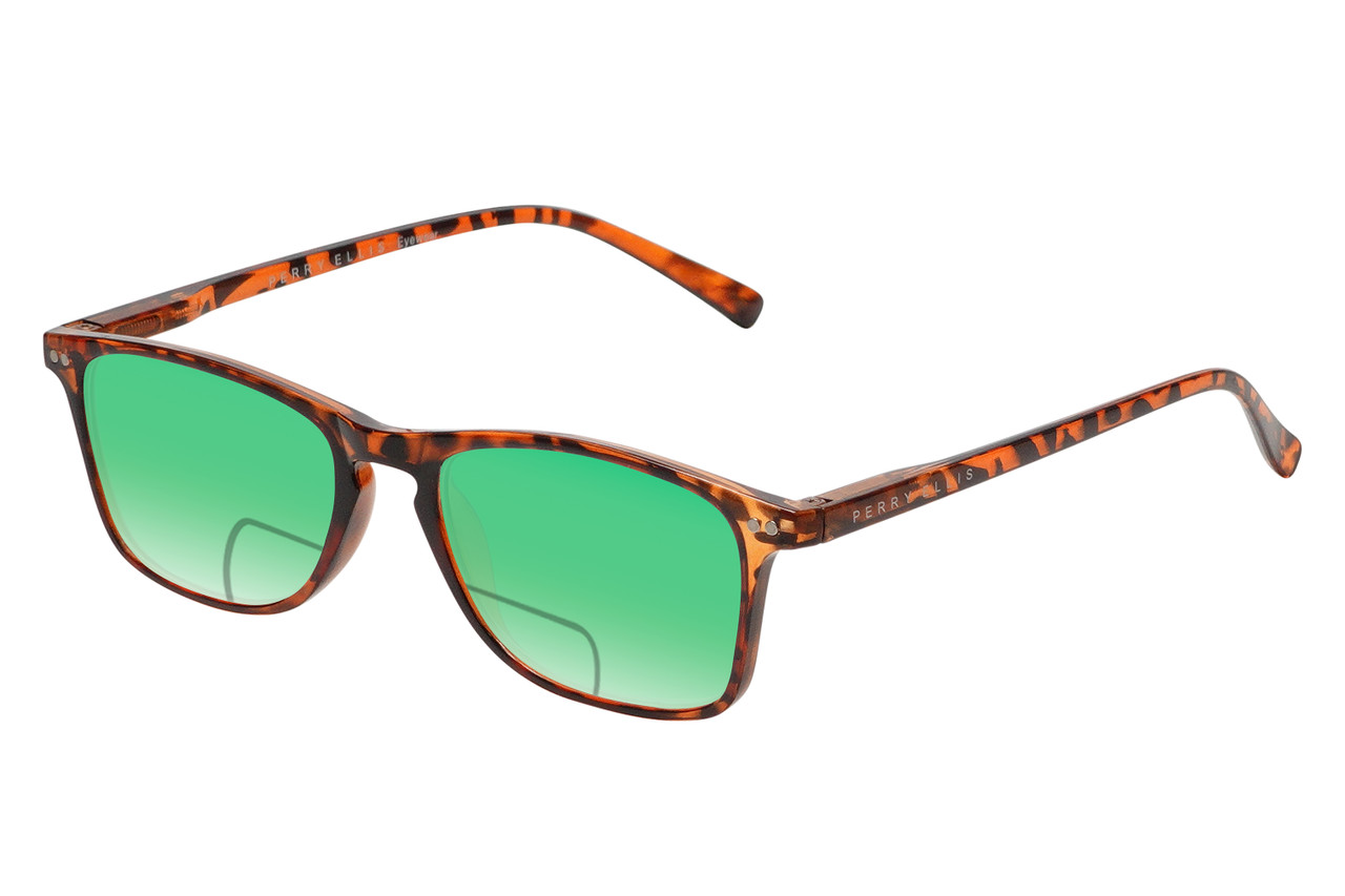 Profile View of Perry Ellis PEBX57 Designer Polarized Reading Sunglasses with Custom Cut Powered Green Mirror Lenses in Gloss Tortoise Havana Marble Unisex Panthos Full Rim Acetate 50 mm