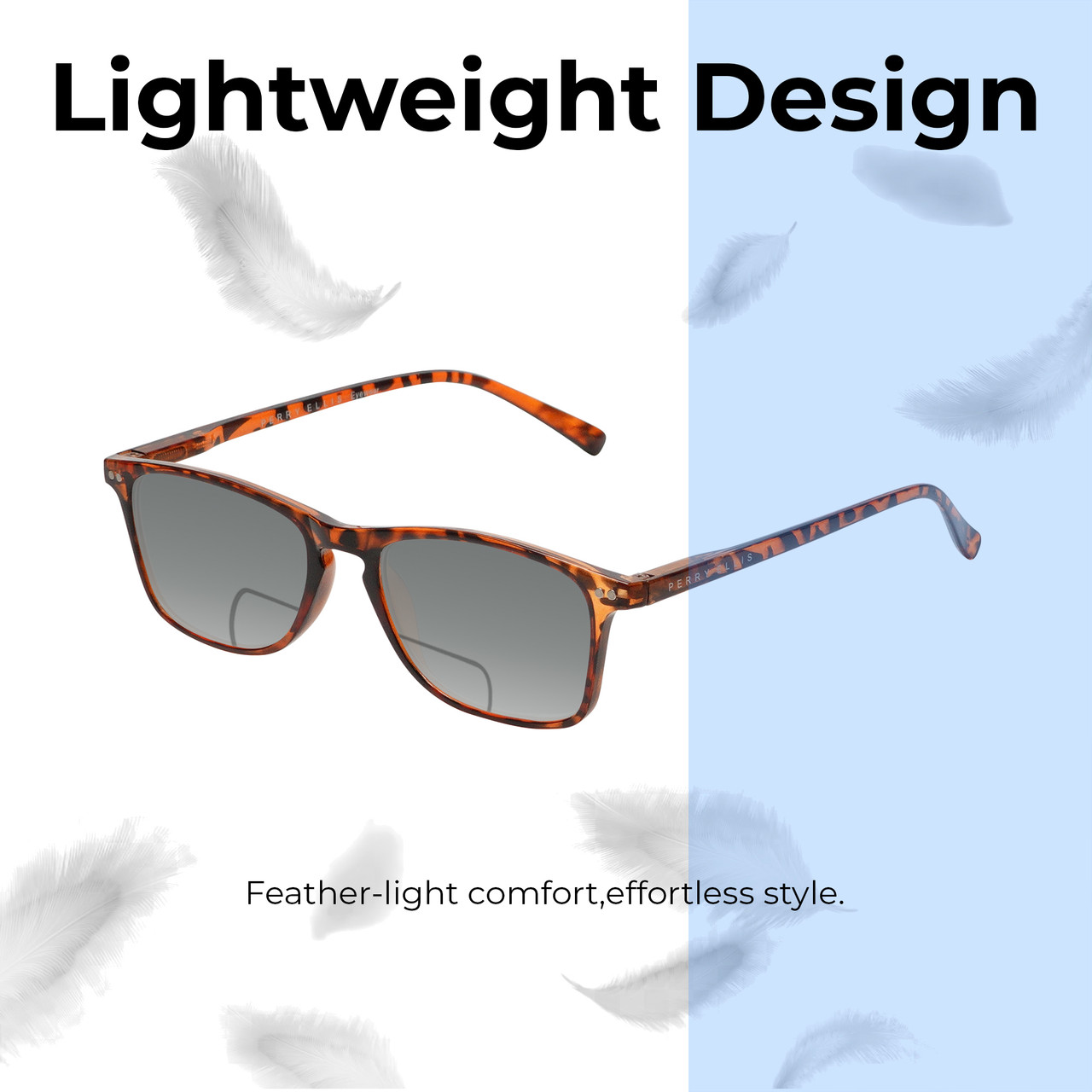 Lightweight Construction Illustration of Perry Ellis PEBX57 Designer Polarized Reading Sunglasses with Custom Cut Powered Smoke Grey Lenses in Gloss Tortoise Havana Marble Unisex Panthos Full Rim Acetate 50 mm