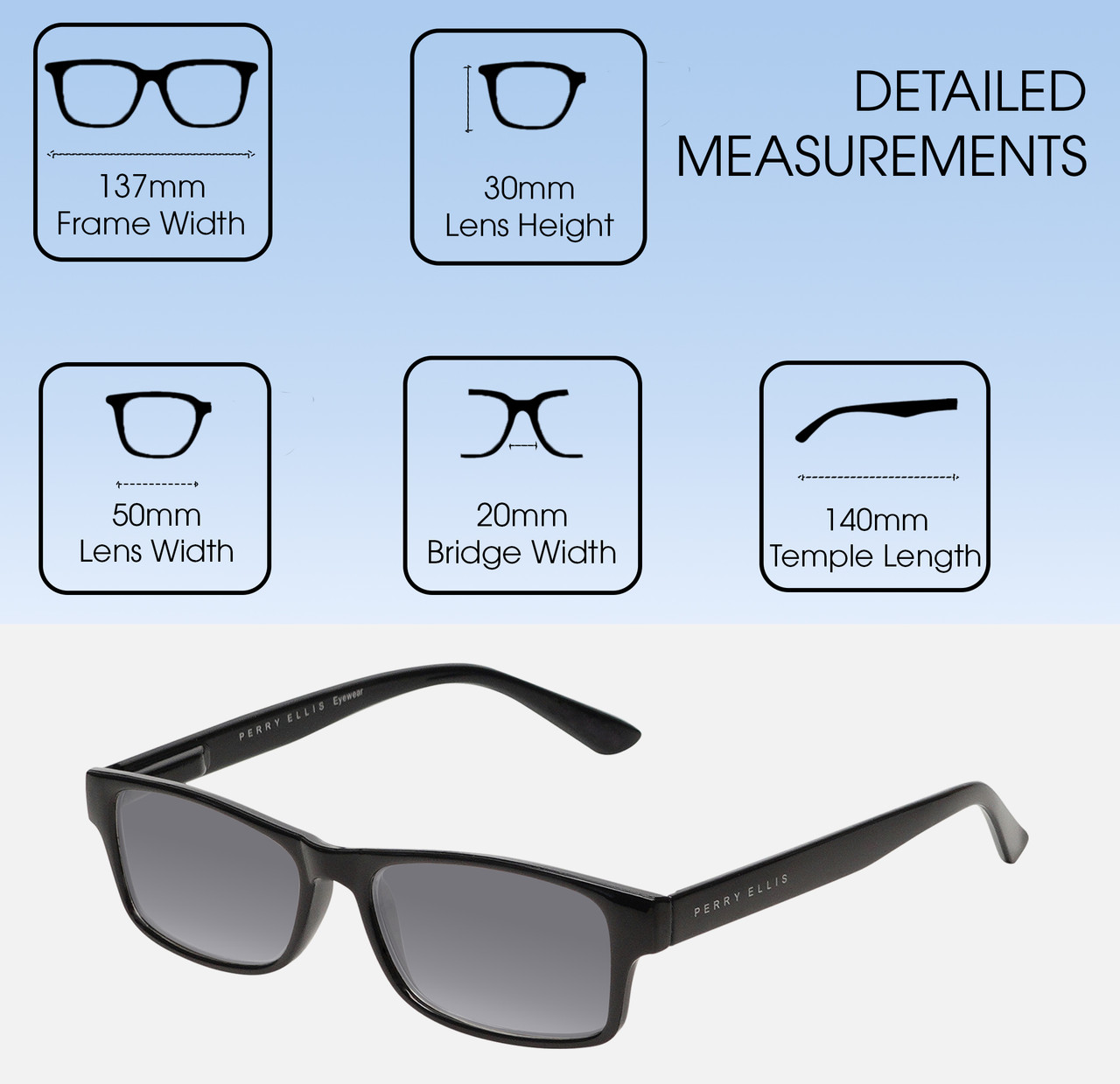 Dimensions and Measurements Illustration of Perry Ellis PEBX59 Designer Polarized Sunglasses with Custom Cut Smoke Grey Lenses in Gloss Black Marble Unisex Rectangular Full Rim Acetate 50 mm