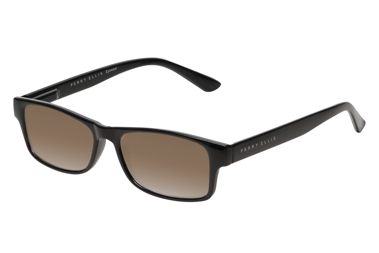 Profile View of Perry Ellis PEBX59 Designer Polarized Sunglasses with Custom Cut Amber Brown Lenses in Gloss Black Marble Unisex Rectangular Full Rim Acetate 50 mm
