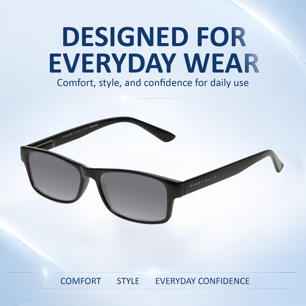Comfort, Stylish, Everyday Confidence Illustration of Perry Ellis PEBX59 Designer Polarized Sunglasses with Custom Cut Smoke Grey Lenses in Gloss Black Marble Unisex Rectangular Full Rim Acetate 50 mm