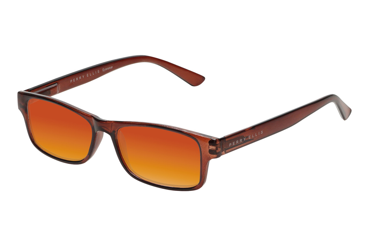 Profile View of Perry Ellis PEBX59 Designer Polarized Sunglasses with Custom Cut Red Mirror Lenses in Gloss Dark Brown Marble Unisex Rectangular Full Rim Acetate 50 mm