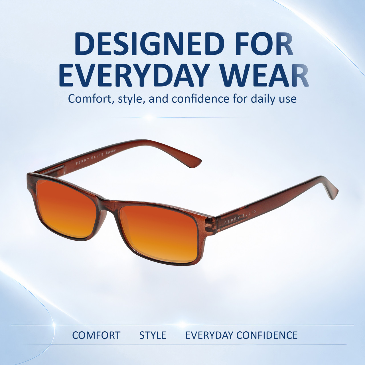 Comfort, Stylish, Everyday Confidence Illustration of Perry Ellis PEBX59 Designer Polarized Sunglasses with Custom Cut Red Mirror Lenses in Gloss Dark Brown Marble Unisex Rectangular Full Rim Acetate 50 mm