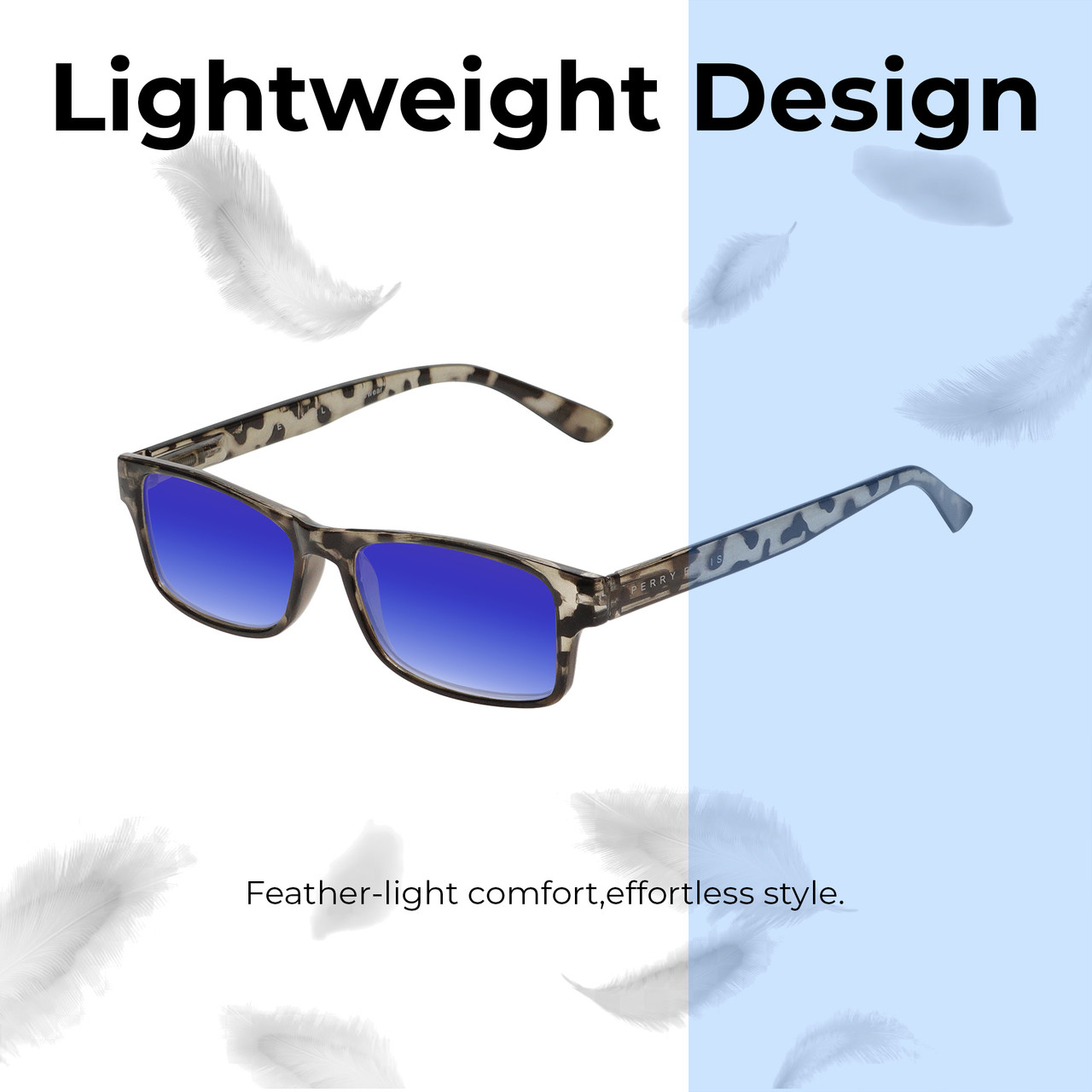 Lightweight Construction Illustration of Perry Ellis PEBX59 Designer Polarized Sunglasses with Custom Cut Blue Mirror Lenses in Gloss Grey Tortoise Havana Marble Unisex Rectangular Full Rim Acetate 50 mm