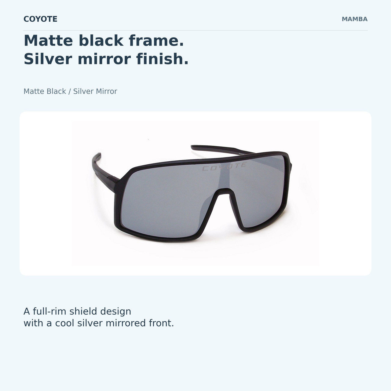 Coyote MAMBA Matte Black / Silver Mirror, mirror lens feature card.