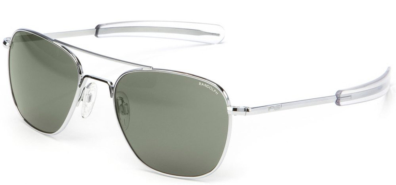 Randolph Designer Sunglasses Aviator in Bright Chrome with Polarized AGX Green Lens