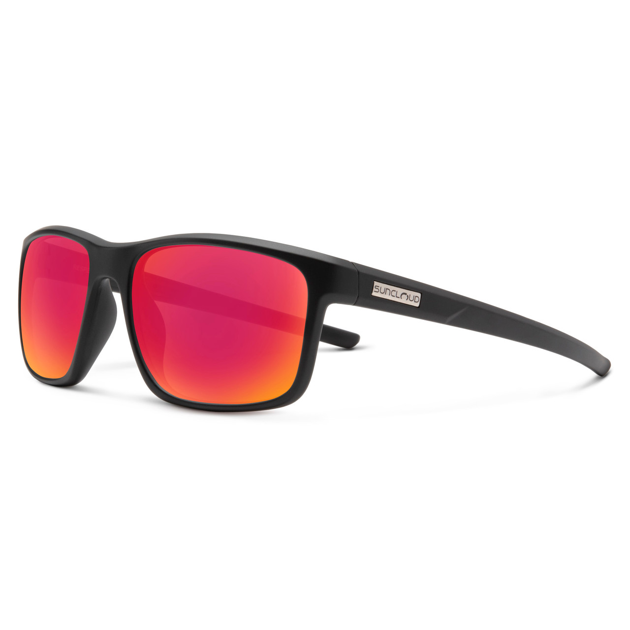 Profile View of Suncloud Respek Polarized Sunglasses by Smith Optics Classic Wrap in Matte Black with Polar Red Mirror