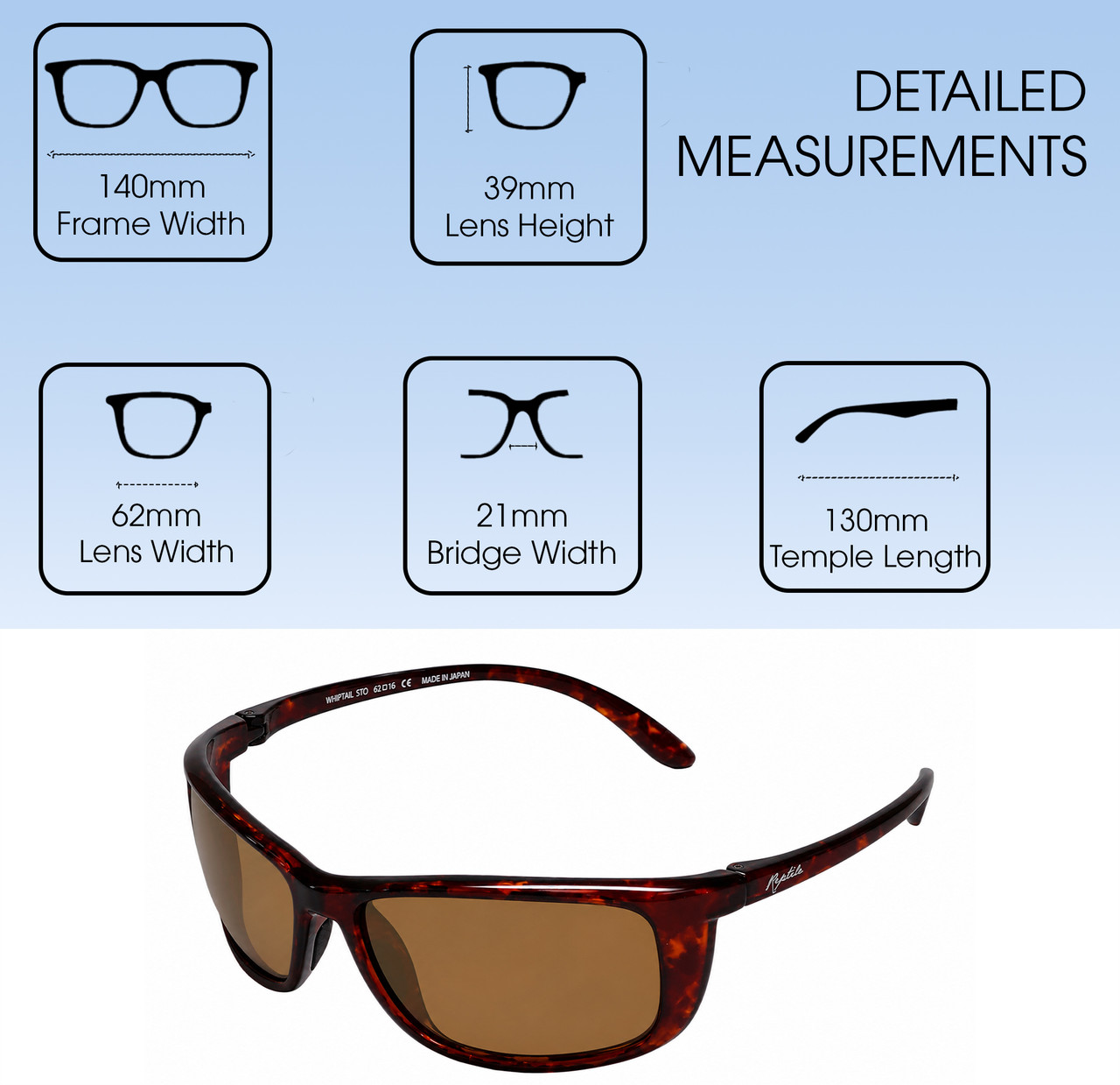 Dimensions View of Reptile Designer Polarized Sunglasses Whiptail in Tortoise with Amber Lens (Whiptail-GLD)