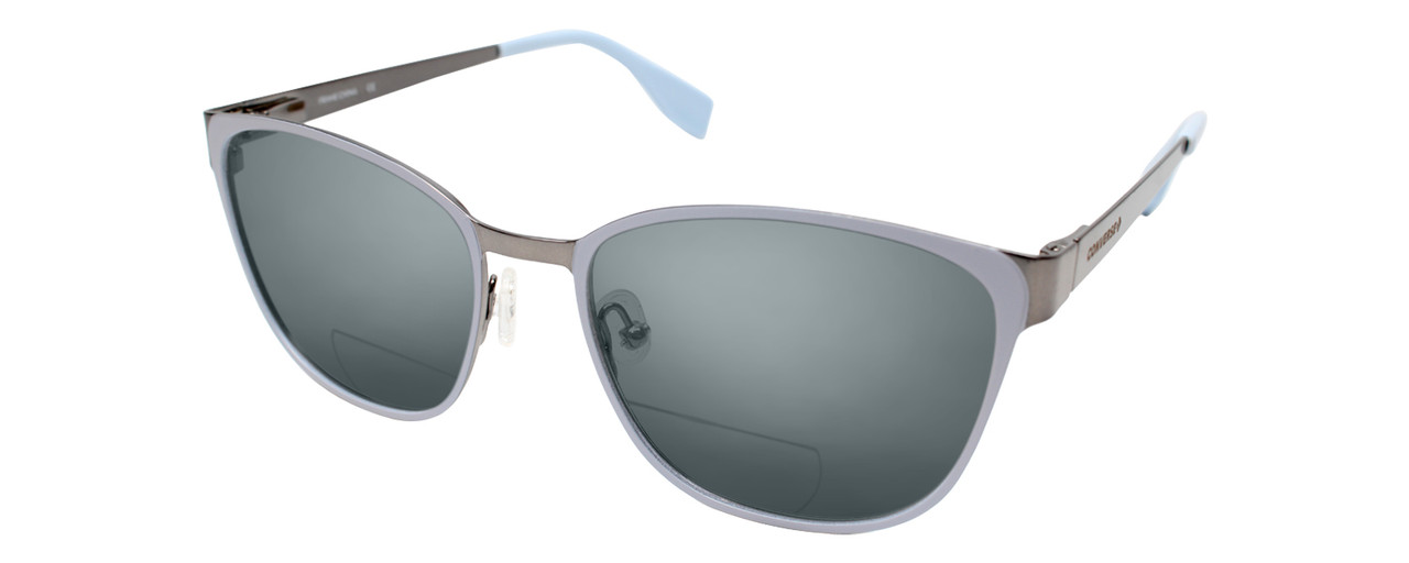 Profile View of Converse Q204 Designer Polarized Reading Sunglasses with Custom Cut Powered Smoke Grey Lenses in Light Blue Silver Unisex Oval Full Rim Stainless Steel 52 mm