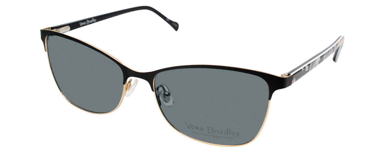 Profile View of Vera Bradley SUZANA Designer Polarized Sunglasses with Custom Cut Smoke Grey Lenses in Pretty Posies Floral Black Gold Ladies Cateye Full Rim Metal 55 mm