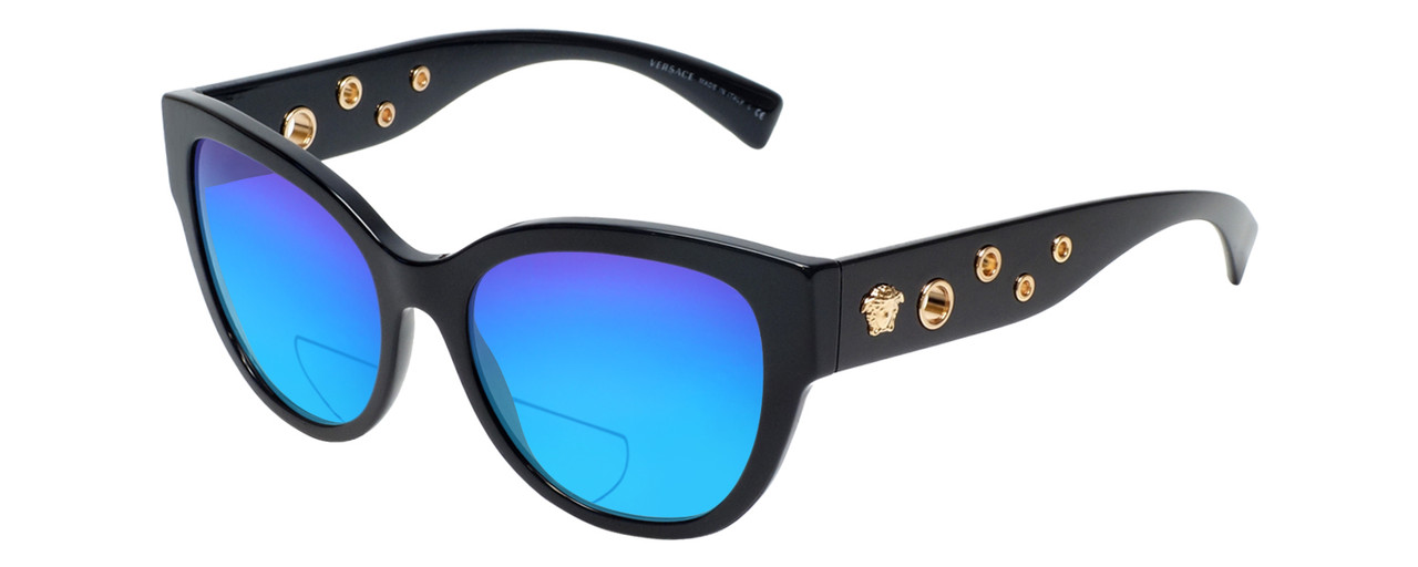 Profile View of Versace GB1 Designer Polarized Reading Sunglasses with Custom Cut Powered Blue Mirror Lenses in Black Copper Ladies Cateye Full Rim Acetate 56 mm