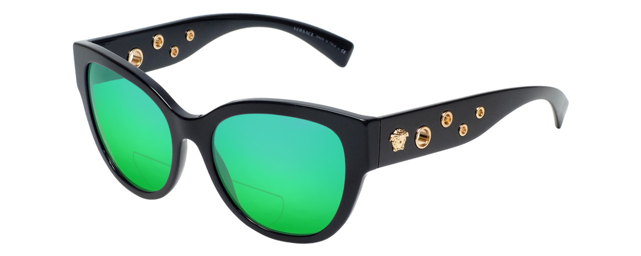 Profile View of Versace GB1 Designer Polarized Reading Sunglasses with Custom Cut Powered Green Mirror Lenses in Black Copper Ladies Cateye Full Rim Acetate 56 mm