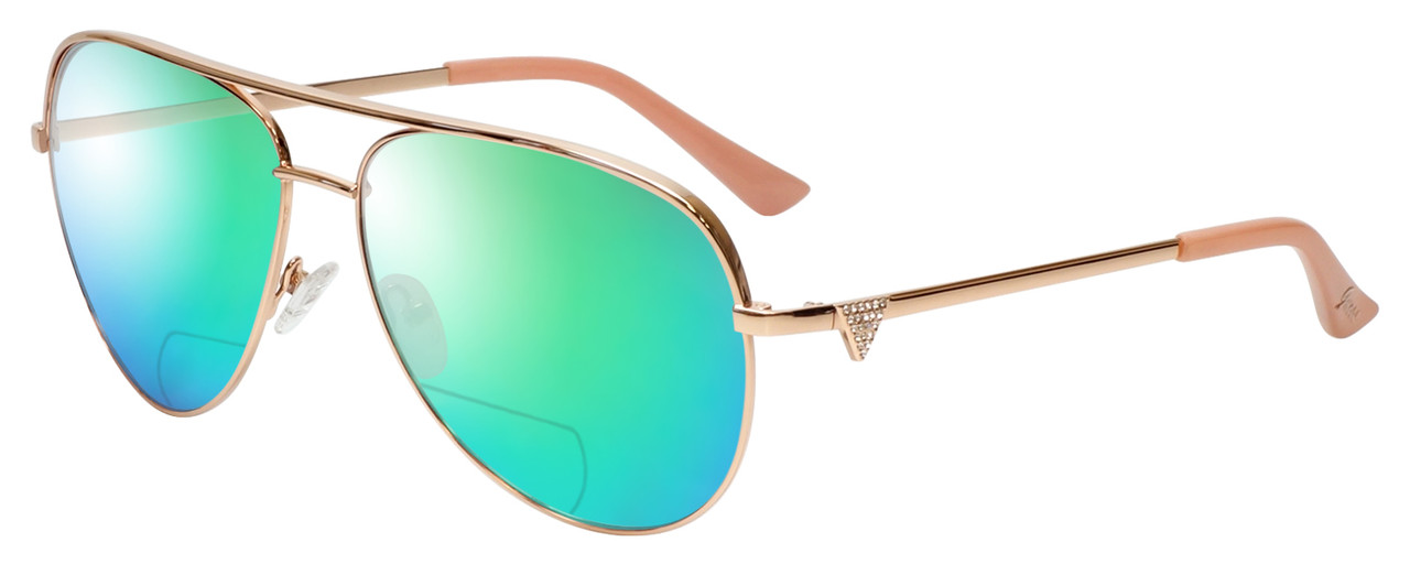 Profile View of Guess Factory GF6098 Designer Polarized Reading Sunglasses with Custom Cut Powered Green Mirror Lenses in Rose Gold Ladies Pilot Full Rim Metal 64 mm