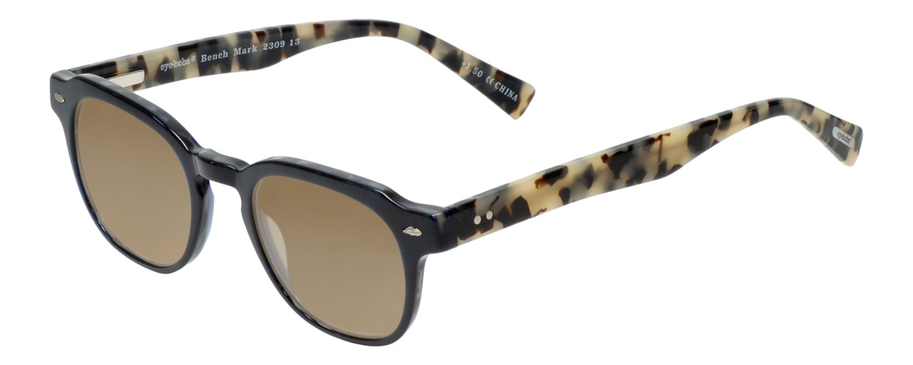 Profile View of Eyebobs Bench Mark Designer Polarized Sunglasses with Custom Cut Amber Brown Lenses in Black Tan Brown Tortoise Havana Ladies Cateye Full Rim Acetate 46 mm