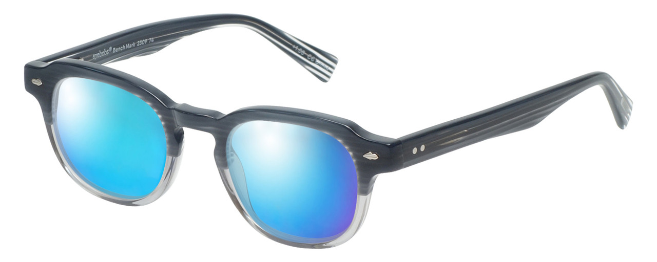 Profile View of Eyebobs Bench Mark Designer Polarized Sunglasses with Custom Cut Blue Mirror Lenses in Grey Fade Crystal Stripe Ladies Cateye Full Rim Acetate 46 mm