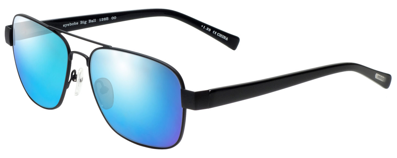 Profile View of Eyebobs Big Ball Designer Polarized Sunglasses with Custom Cut Blue Mirror Lenses in Gun Metal Black Unisex Aviator Full Rim Metal 56 mm