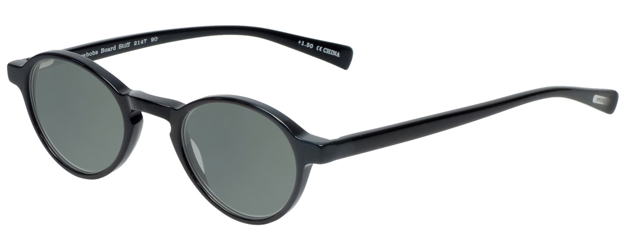 Profile View of Eyebobs Board Stiff Designer Polarized Sunglasses with Custom Cut Smoke Grey Lenses in Gloss Black Ladies Round Full Rim Acetate 42 mm