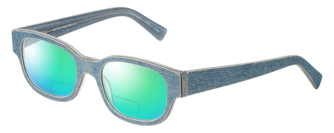 Profile View of Eyebobs Bossy Designer Polarized Reading Sunglasses with Custom Cut Powered Green Mirror Lenses in Blue Jean Unisex Square Full Rim Acetate 51 mm