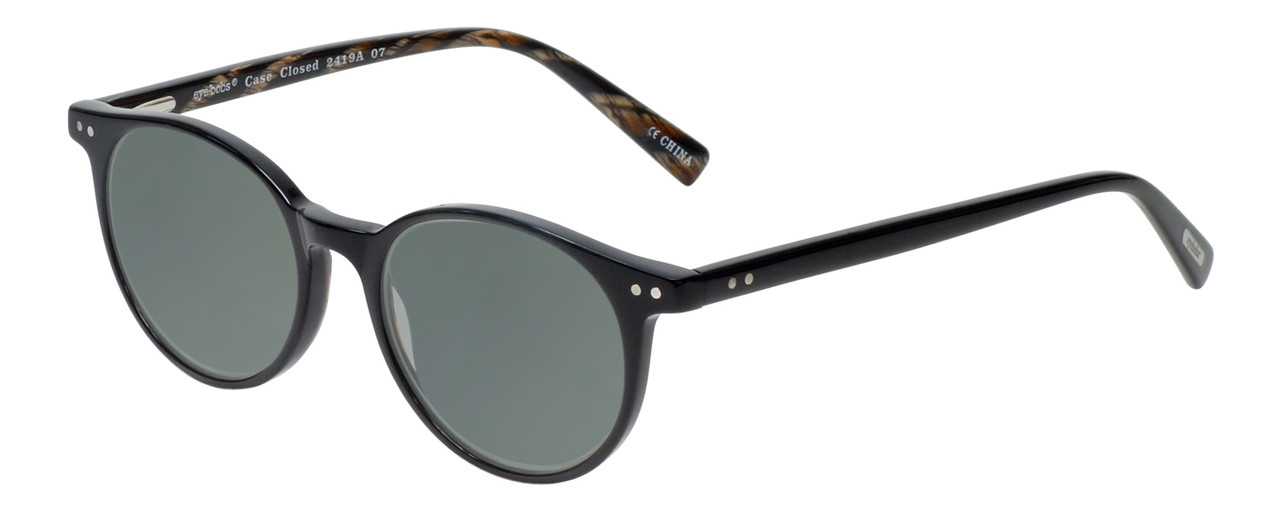 Profile View of Eyebobs Case Closed Designer Polarized Sunglasses with Custom Cut Smoke Grey Lenses in Black Brown Crystal Marble Ladies Round Full Rim Acetate 47 mm