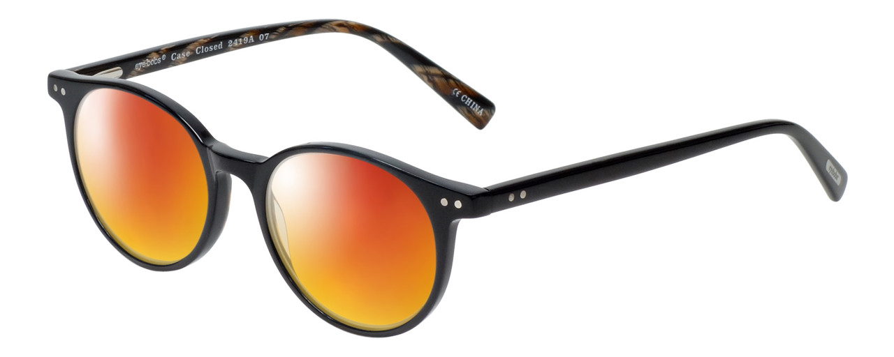 Profile View of Eyebobs Case Closed Designer Polarized Sunglasses with Custom Cut Red Mirror Lenses in Black Brown Crystal Marble Ladies Round Full Rim Acetate 47 mm