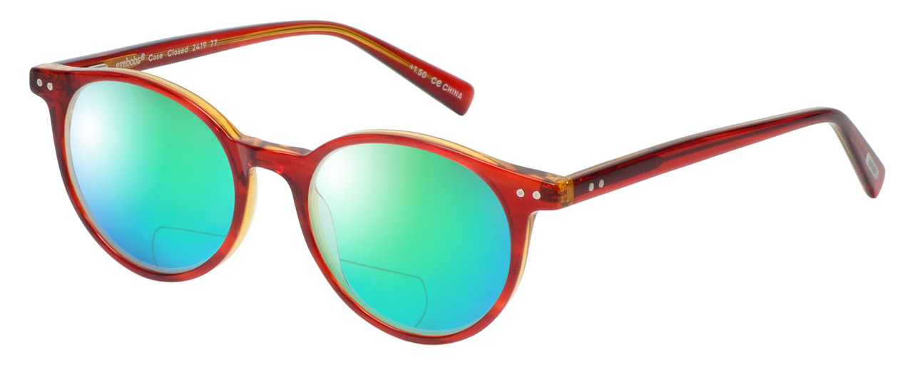 Profile View of Eyebobs Case Closed Designer Polarized Reading Sunglasses with Custom Cut Powered Green Mirror Lenses in Red Layer Orange Crystal Ladies Round Full Rim Acetate 47 mm